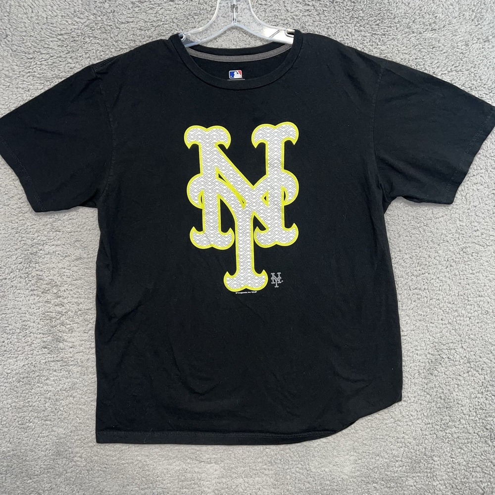 New York Mets T Shirt Men's Size‎ L Black MLB Genuine Merch Neon Green Logo Tee